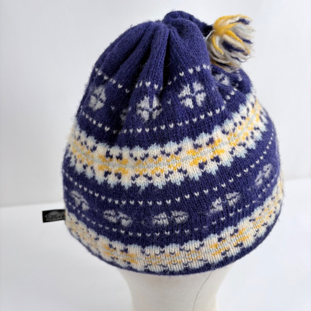 Turtle Fur Beanie Purple Fair Isle Knit‎ Fleece Lined Pom Pom Hat Women Medium